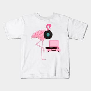 Funny Flamingo Retro Vinyl Record Player Kids T-Shirt